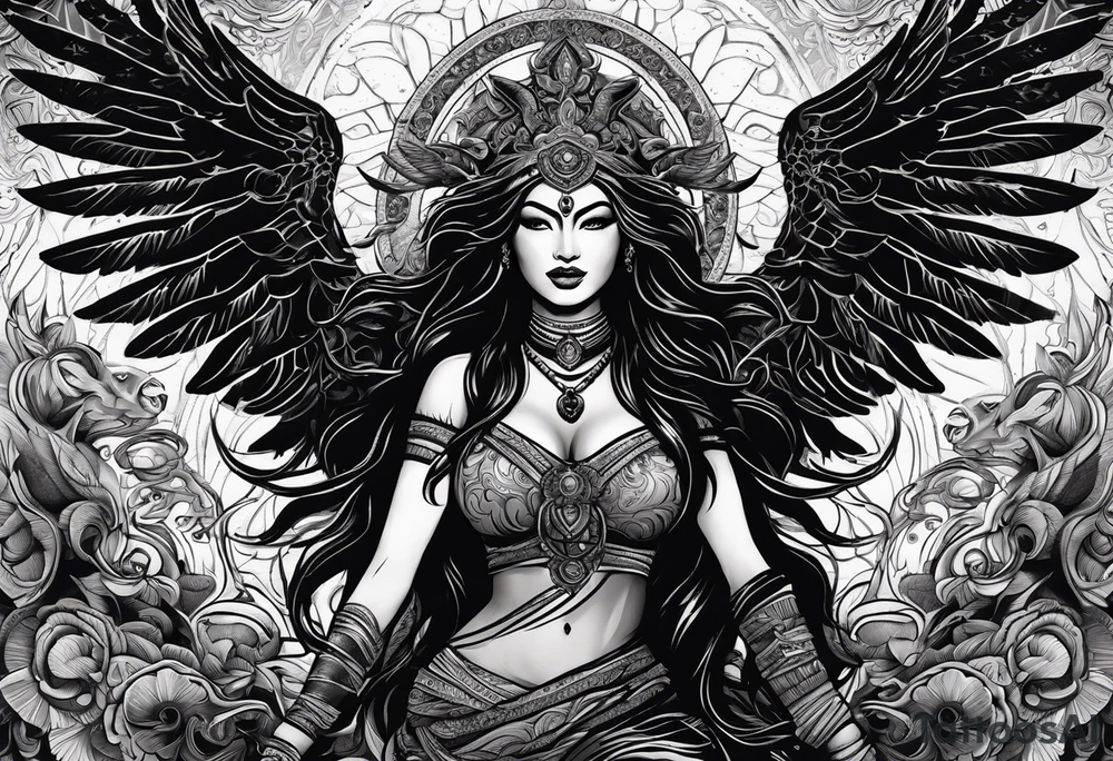 black kali, goddess pirate, alien, angel, pachamama, valkrye, warrior, flying, skull, lotus azul, wing, eagle, zenza resonance, stars, 5D, anahata chakra, death, durga, riding on a tiger, flying lady, kundalini, chest tatoo, samuri, rebel,serpent tattoo idea