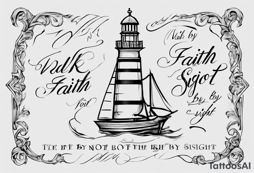 “walk by faith, not by sight” with an elegant script font. Integrate a subtle stairwell wrapping around the quote. This design captures the essence of the journey guided by faith. tattoo idea