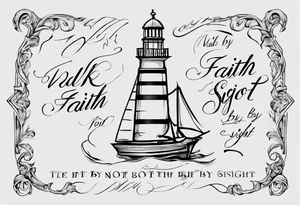 “walk by faith, not by sight” with an elegant script font. Integrate a subtle stairwell wrapping around the quote. This design captures the essence of the journey guided by faith. tattoo idea