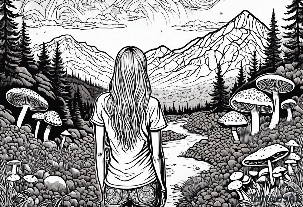Straight long blonde hair hippie girl in distance holding mushrooms in hand facing away toward mountains and creek surrounded by mushrooms tee shirt and hiking pants tattoo idea