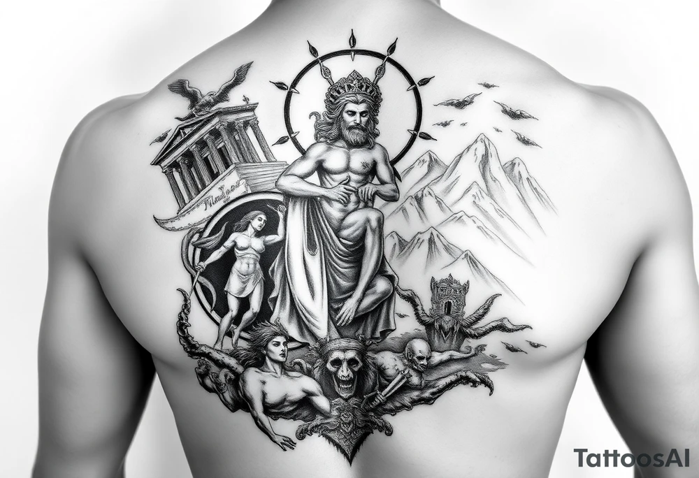 Realism Full chest peice including the Greek gods with zues on his throne looking down from the mountain casting judgement on the people add lighting and Mount Olympus and a temple and a battle scene make zues muscular add hades Medusa and minatour tattoo idea