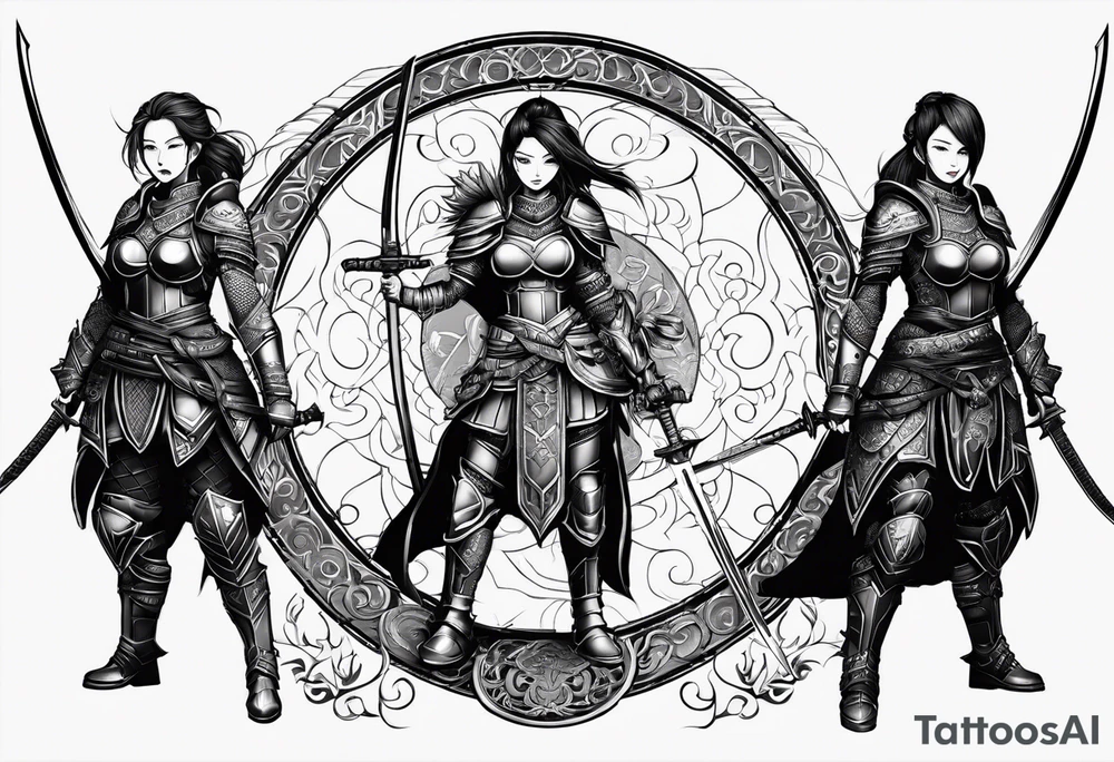 3 female warriors in full body armor wielding dual swords, you can only see their backs, in front of a incomplete enso circle tattoo idea