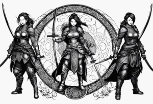 3 female warriors in full body armor wielding dual swords, you can only see their backs, in front of a incomplete enso circle tattoo idea
