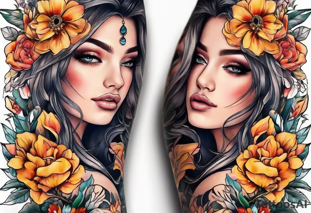 Sleeve with libra and flowers tattoo idea
