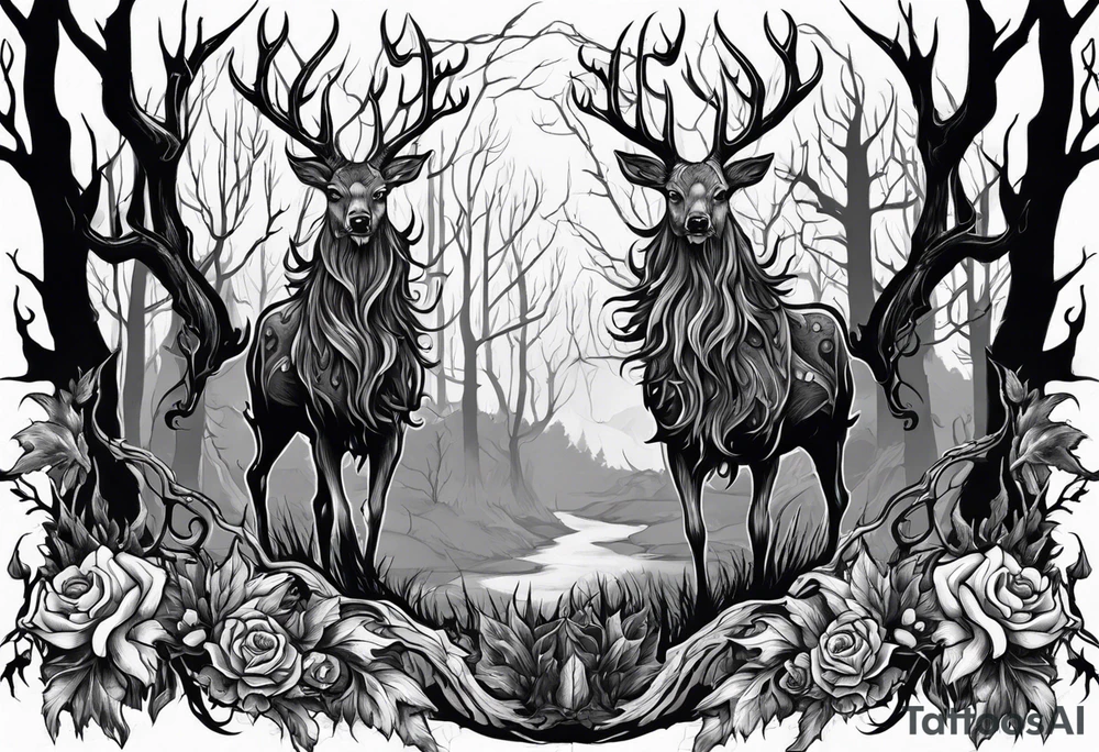 A scary wendigo with a decayed deer skull head with flames and trees tattoo idea
