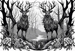 A scary wendigo with a decayed deer skull head with flames and trees tattoo idea