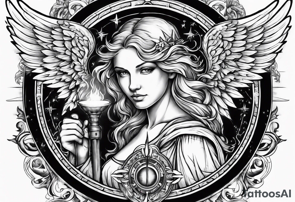 Angel with a torch showing the way with alchemy symbols in the background tattoo idea