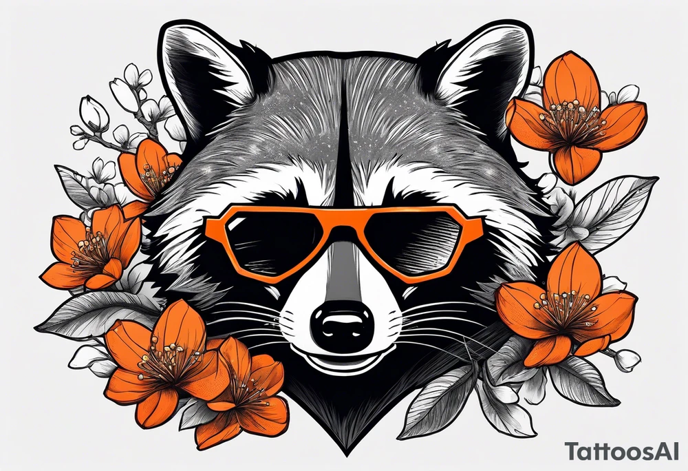 raccoon wearing a black and white Superman hoodie and orange Japanese cherry blossoms tattoo idea