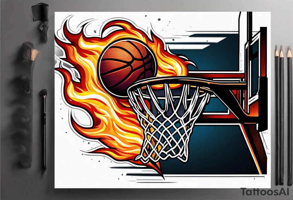 Basketball on fire into a hoop tattoo idea