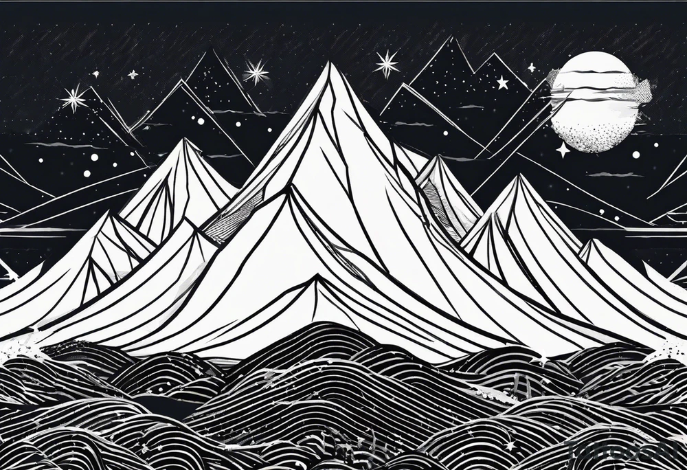 Mountain one Peak, sea waves, space with two littel Stars, geometrical Firma dashed lines overlapping tattoo idea
