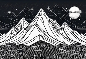 Mountain one Peak, sea waves, space with two littel Stars, geometrical Firma dashed lines overlapping tattoo idea