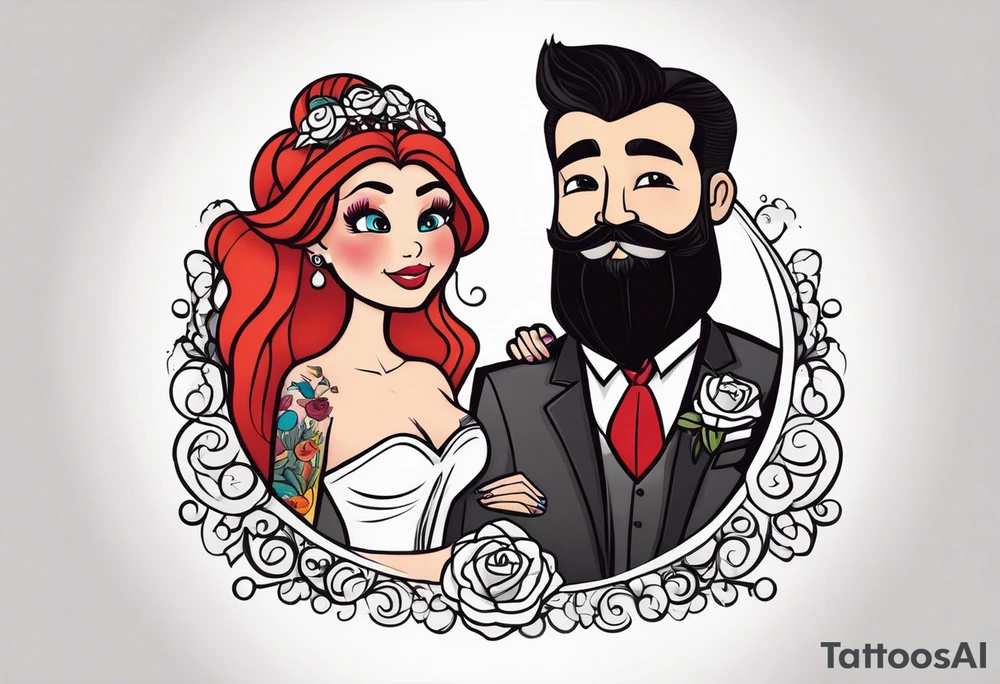 Busty red haired woman with a bearded man who has black hair getting married tattoo idea