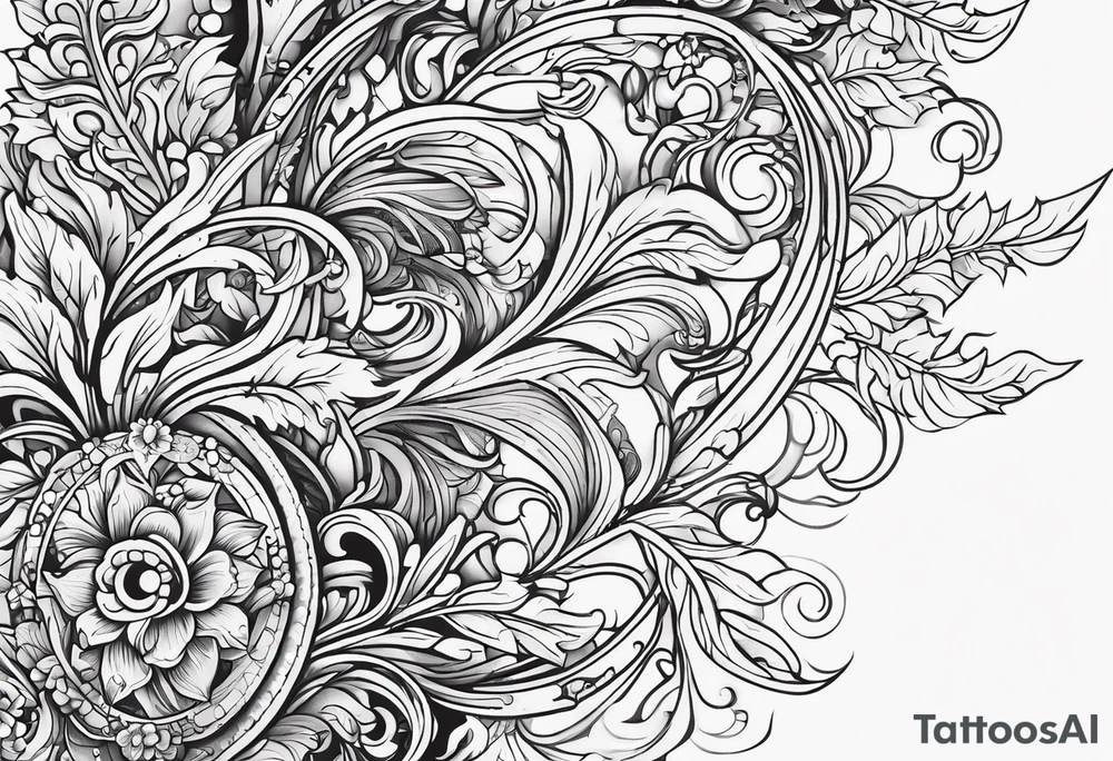 Bold geometric tapestry trident vines floral in colour on arm tattoo idea