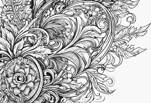Bold geometric tapestry trident vines floral in colour on arm tattoo idea