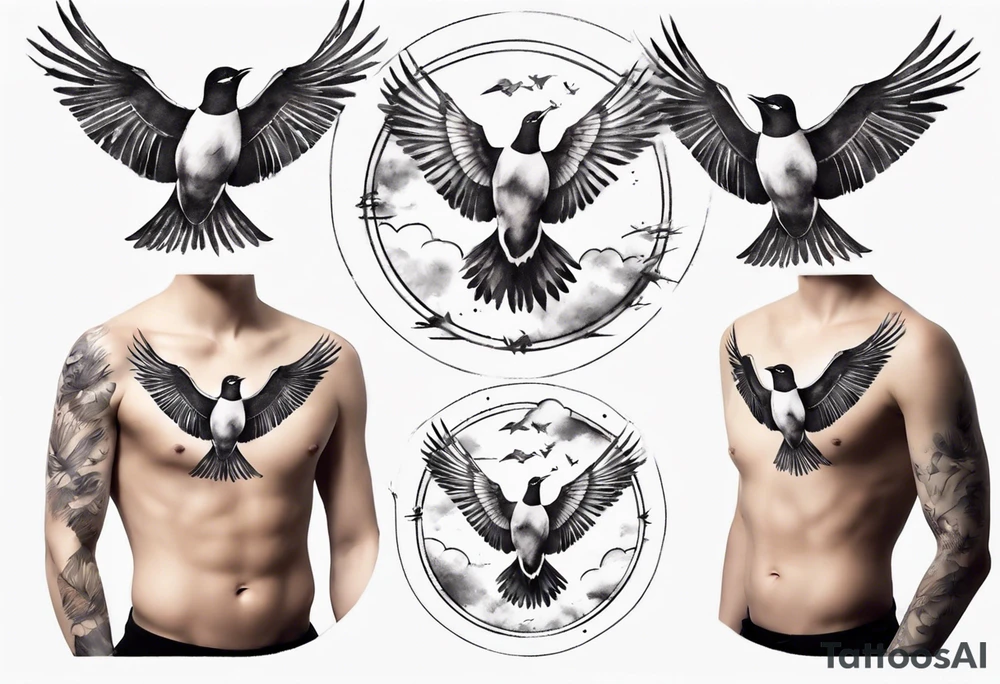 shoulder tattoo with light rays with birds flying free among the clouds, round shape, 3d effect tattoo idea