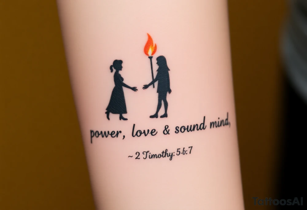 Silhouette of grandmother, mother and daughter passing a flame from oldest to youngest with the flame growing as it goes. Make the flame in watercolor motif and the silhouettes simple. Incorporate the words power, love and sound mind. Or 2 Timothy: 5-7 tattoo idea