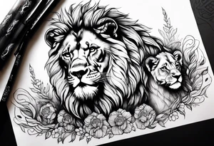 Stoic lion with cubs tattoo idea