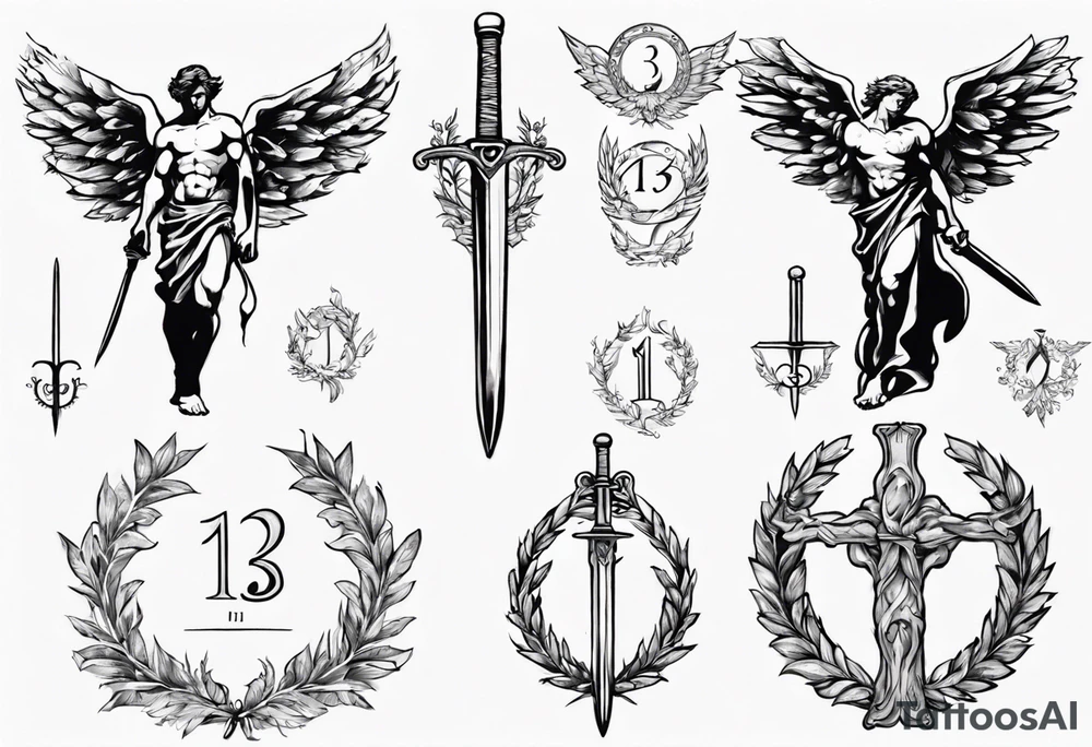 number 13, a laurel leaf wreath, and a Male angel holding sword tattoo idea