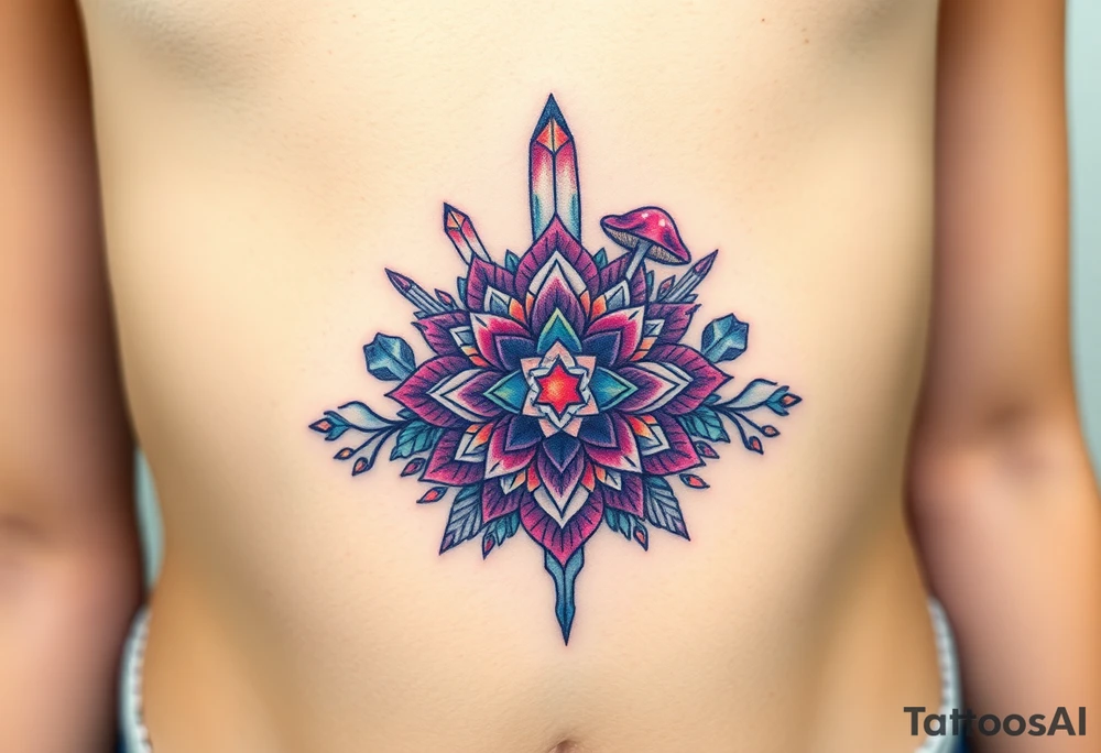 psychedelic  tattoo with crystals and  mandala style flowers and mushrooms like the second picture tattoo idea