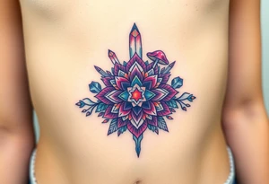 psychedelic  tattoo with crystals and  mandala style flowers and mushrooms like the second picture tattoo idea