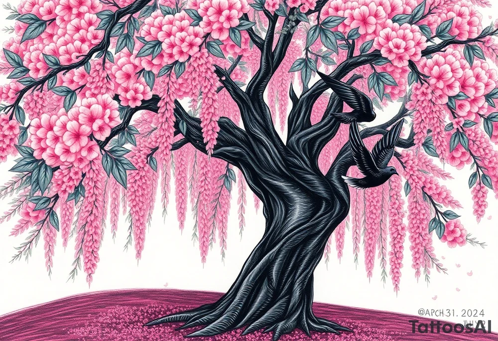 A big pink, weeping tree with huge  lushish leaves and a beautiful trunk. there are 2 doves. 1 is a flying into the sky. The second one is hovering above the ground that’s turning black like she stained with grief. Goth romance 
These are the dates I want dainty in the heavily overflow of weeping cherry blossom branches and leaves March 31, 2024 – July 2, 2024 tattoo idea