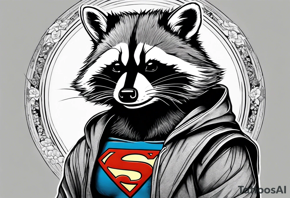 raccoon wearing a Superman hoodie tattoo idea
