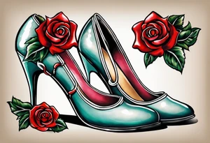 Pearl necklace wrapped around 1950s pinup pumps with roses surrounding tattoo idea