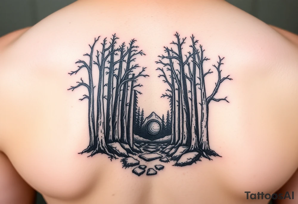 A forest with a doorway that is slightly ajar, leading to space tattoo idea