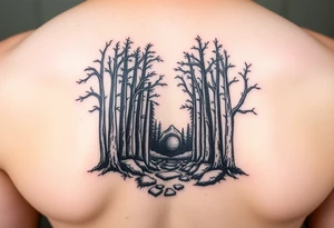 A forest with a doorway that is slightly ajar, leading to space tattoo idea