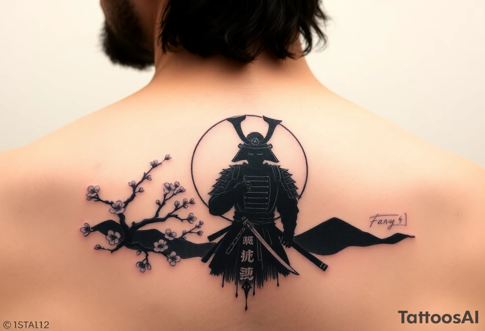 noble samurai warrior silhouette at sunset with cherry blossoms tattoo idea