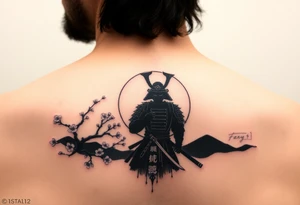 noble samurai warrior silhouette at sunset with cherry blossoms tattoo idea