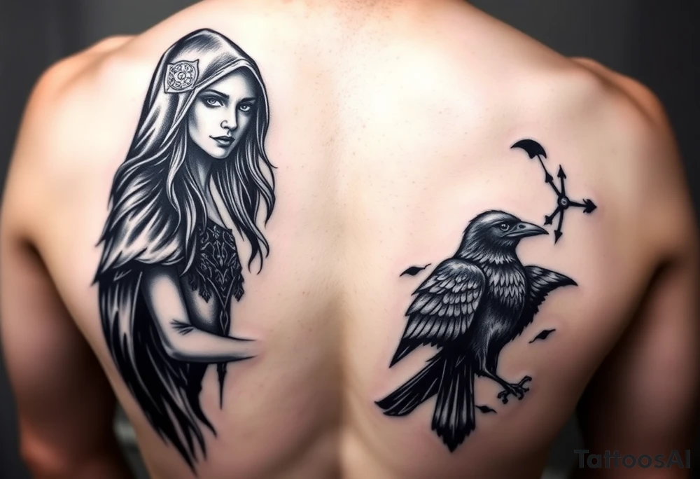 Left sleeve tattoo of the Morrigan Celtic  goddess of death. Powerful middle age woman of great wisdom and knowledge. Realistic and black and white imagery with potentially a splash of purple: images of crows can be built into it. 

Stronger focus on Celtic side of things, increase the age, add a hood. tattoo idea