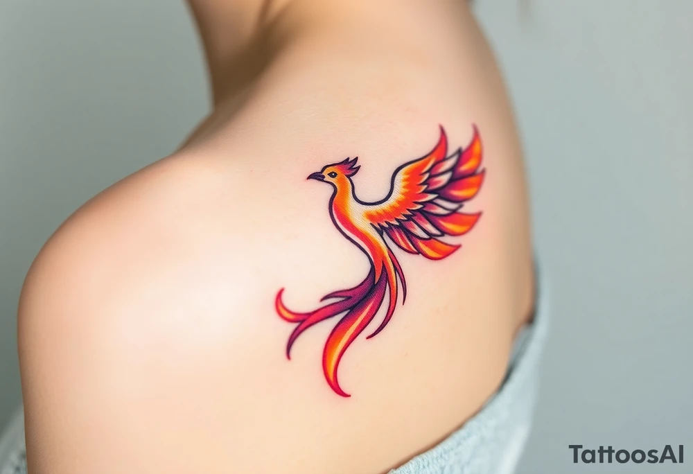Square, phoenix rising from fire with both wings opened, colors red, pink, orange and purple. tattoo idea