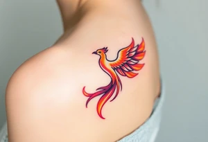 Square, phoenix rising from fire with both wings opened, colors red, pink, orange and purple. tattoo idea