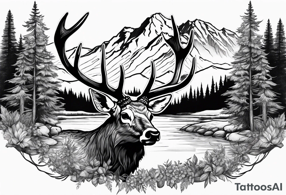elk skull with mountains and trees
with a stream and birds overhead tattoo idea