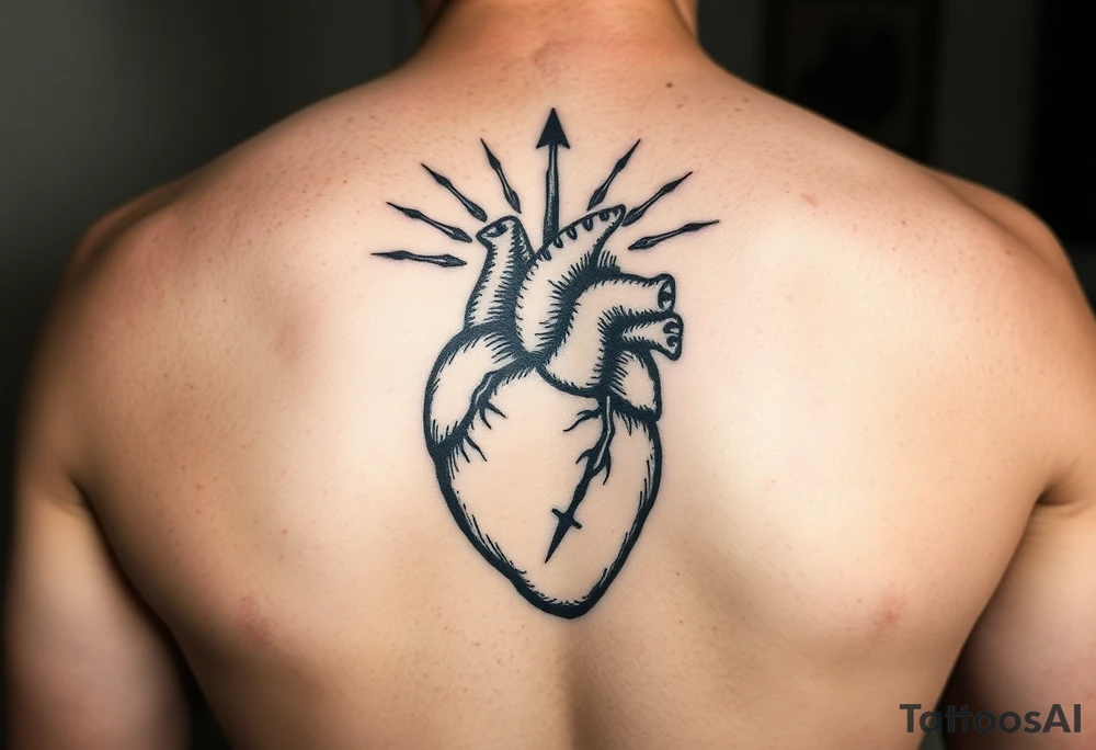 woodcut realistic heart etching tattoo high detail anatomy with lines coming off of it like a nautical compass tattoo idea
