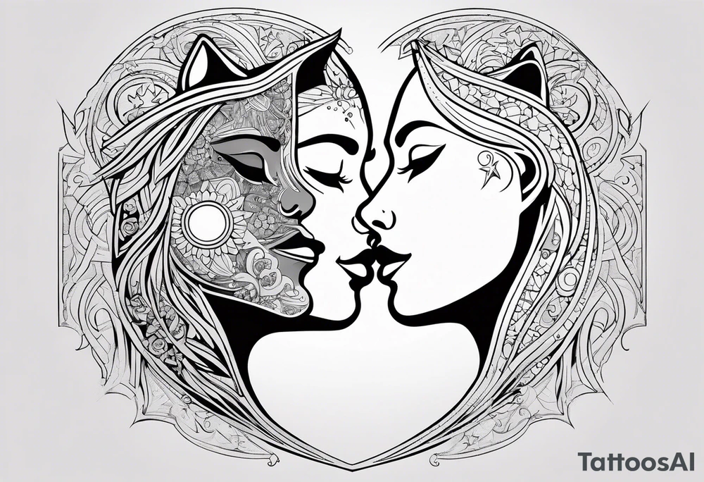 Sun and moon face romantic kiss or hug
With a pawprint pathway going to 2 cat and pitbull dog face surrounded with intergalactic Stars and infinite love bond tattoo idea