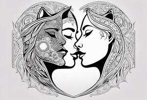 Sun and moon face romantic kiss or hug
With a pawprint pathway going to 2 cat and pitbull dog face surrounded with intergalactic Stars and infinite love bond tattoo idea