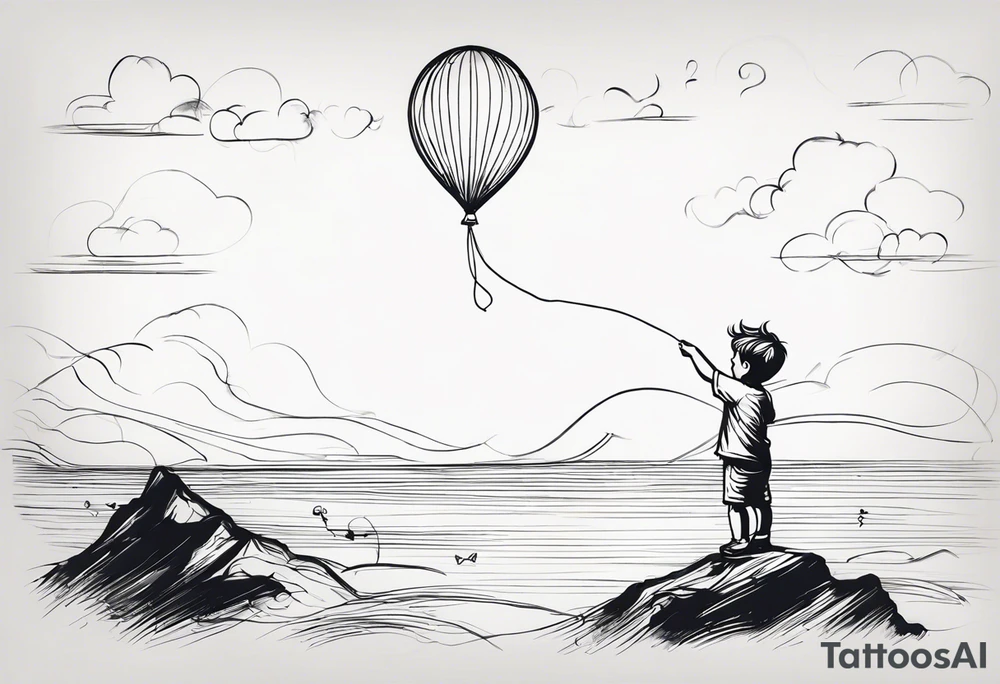 tatoo in sketch style only.
A little boy is holding a string to the hearth shaped small party baloon.
boy should be drawed from behind and has one hand reaching up in 45 degree angle and holding the baloon string
On the string is a big wave look like a hearbeat pulse.
draw it without any scenery. tattoo idea