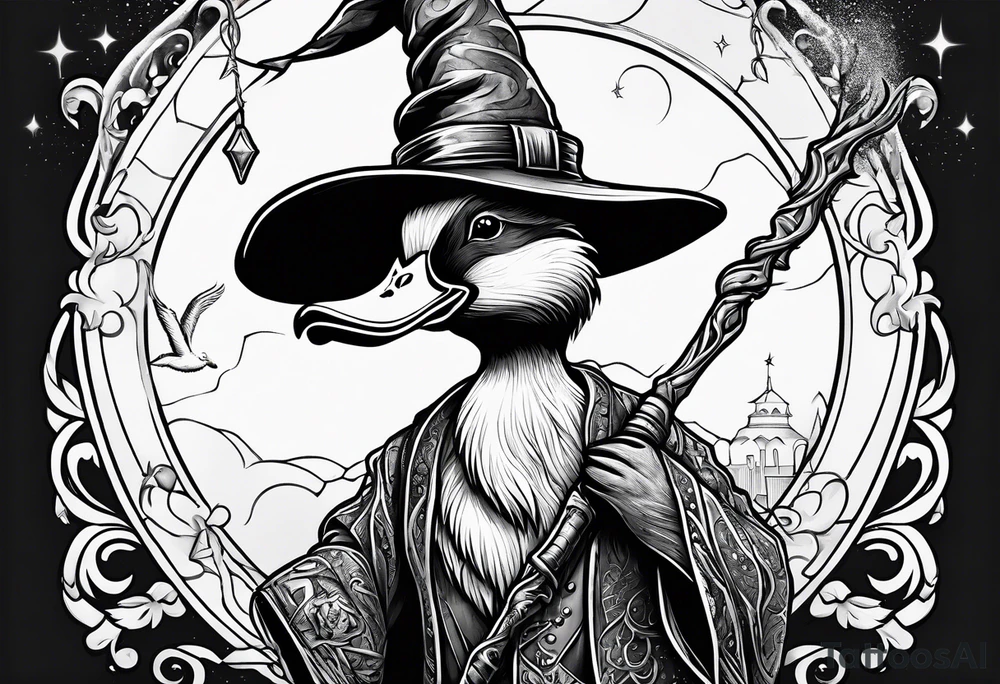 Dabbling Duck dressed like a wizard casting a spell with his wand tattoo idea
