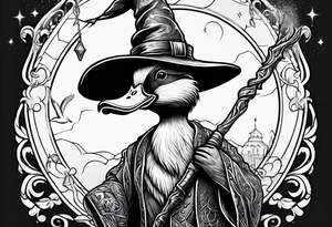 Dabbling Duck dressed like a wizard casting a spell with his wand tattoo idea