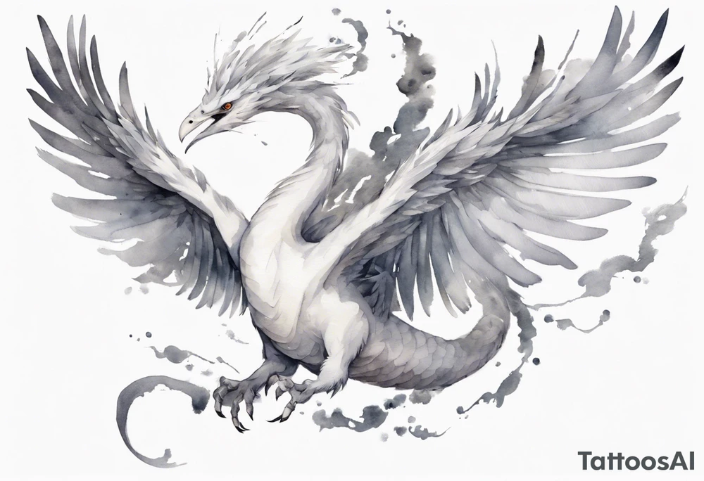 a white bird-serpent hybrid, wearing a small grey crown on its head, flying in the air tattoo idea