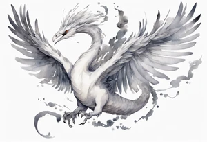 a white bird-serpent hybrid, wearing a small grey crown on its head, flying in the air tattoo idea