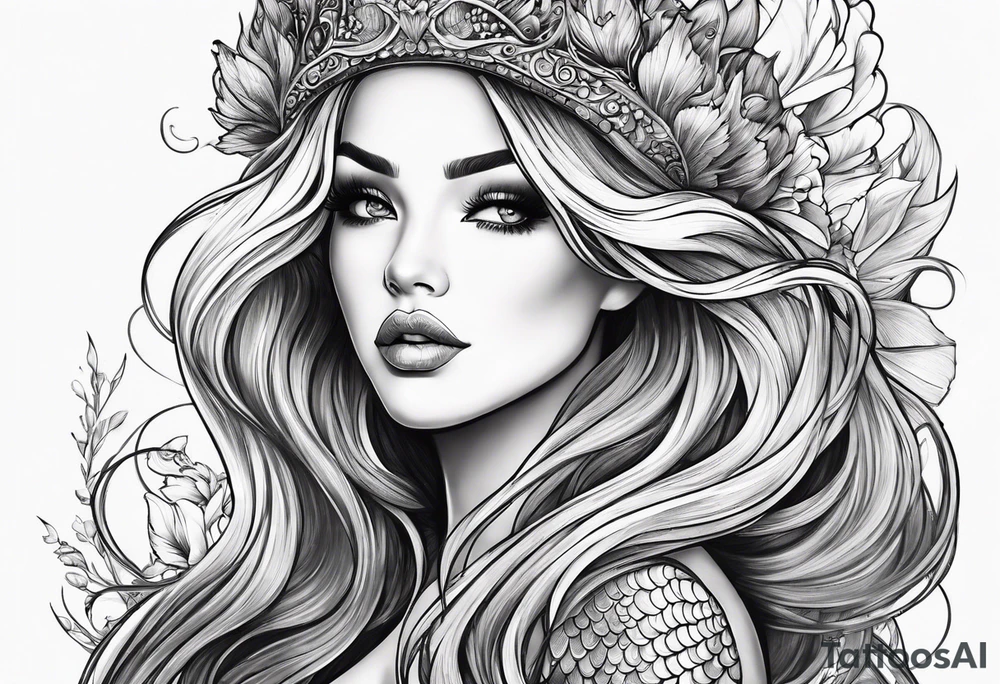 sexy full bodied mermaid with long 
flowing tail and hair, tattoo sleeve tattoo idea