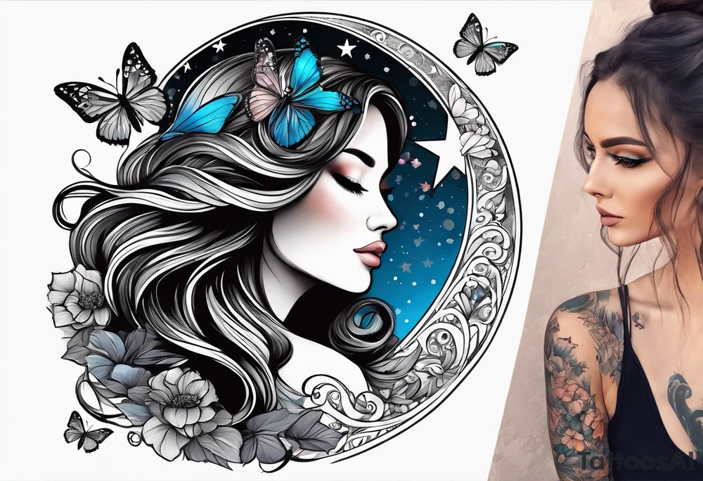 Beautiful woman with butterflies in her long wavy hair sitting on a half moon, with a moon and star background tattoo idea