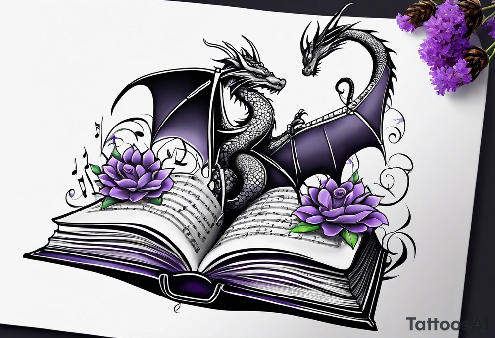 an open book with a small dragon flying over, a pawn piece to the right, a single music note and a lavender flower under the book tattoo idea