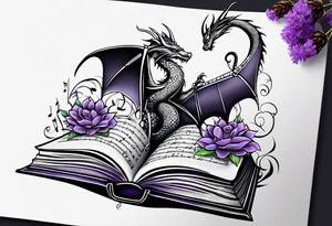 an open book with a small dragon flying over, a pawn piece to the right, a single music note and a lavender flower under the book tattoo idea