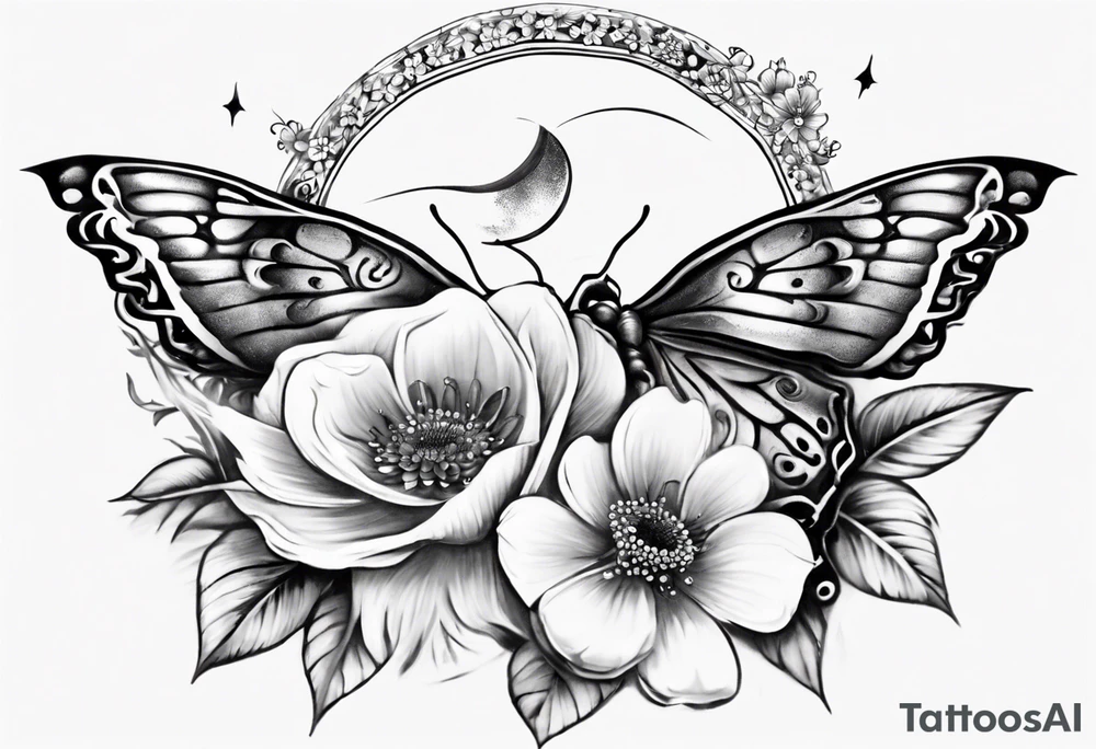 Butterfly wrap tattoos with large centre piece with moon and floral theme. Bracelet around ankle show on higher ankle tattoo idea