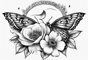 Butterfly wrap tattoos with large centre piece with moon and floral theme. Bracelet around ankle show on higher ankle tattoo idea