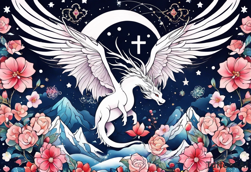 Constellation, wing , snow , cross , dragon female japan kawaii , flower tattoo idea